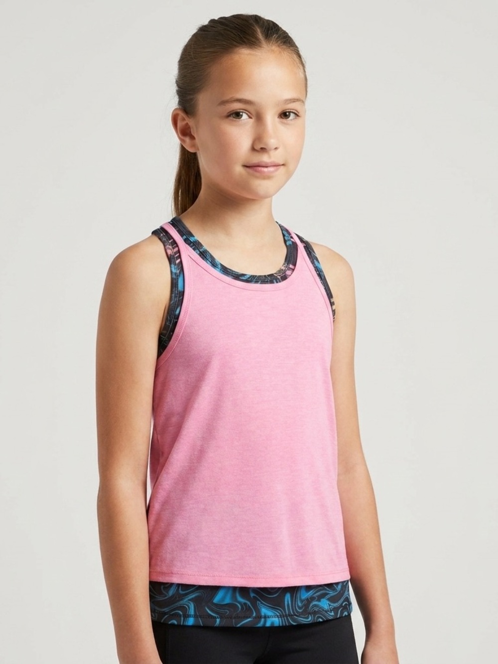 SO Active Girls Layered Tank Top - Pink & Marble